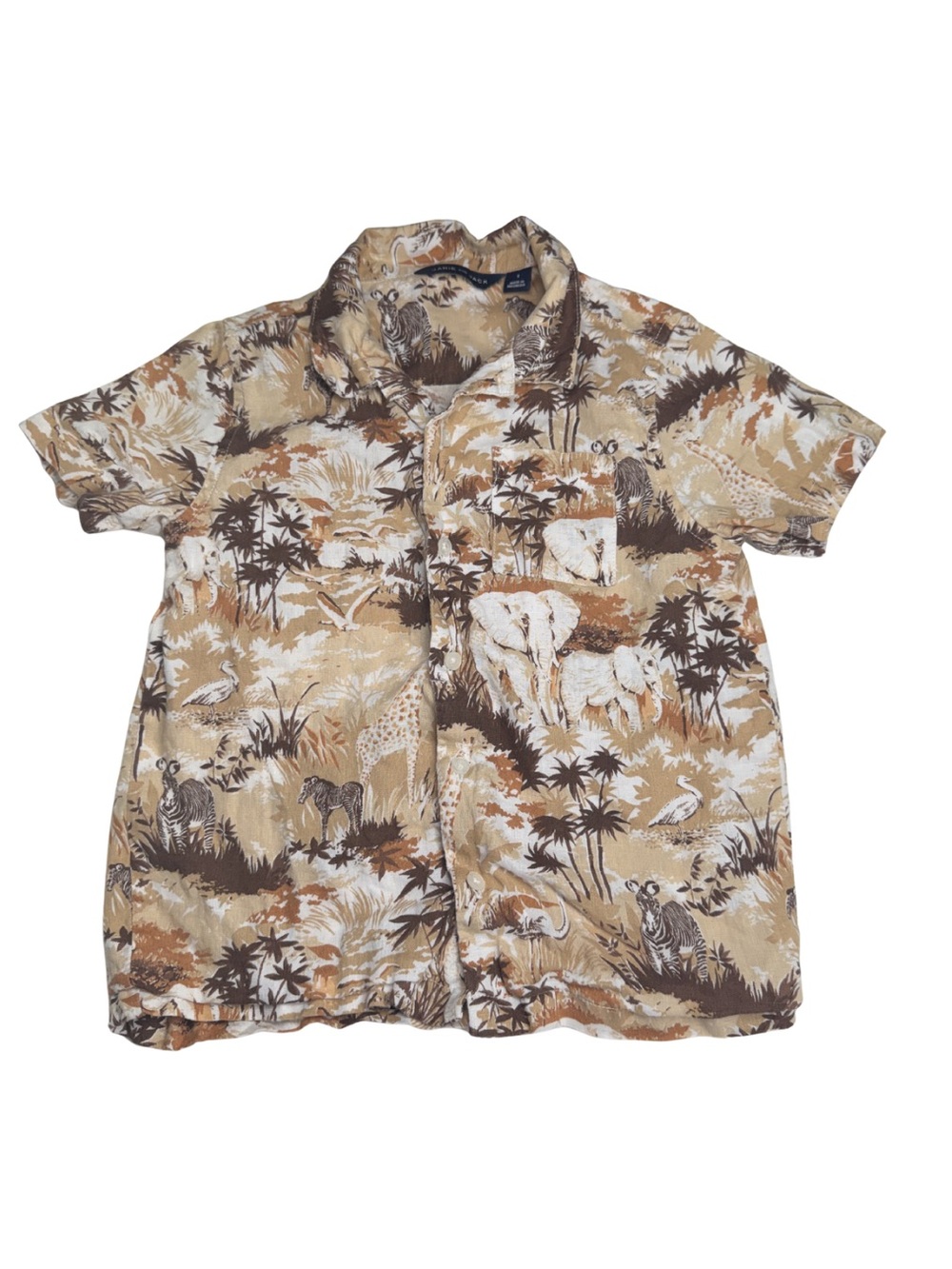 Janie and Jack Beige Brown safari 100% Linen Button button up short sleeve top